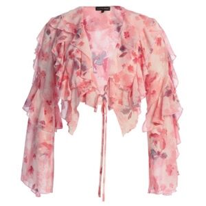 JLUXLABEL Pink Floral Ruffle Tie-Front Crop Top